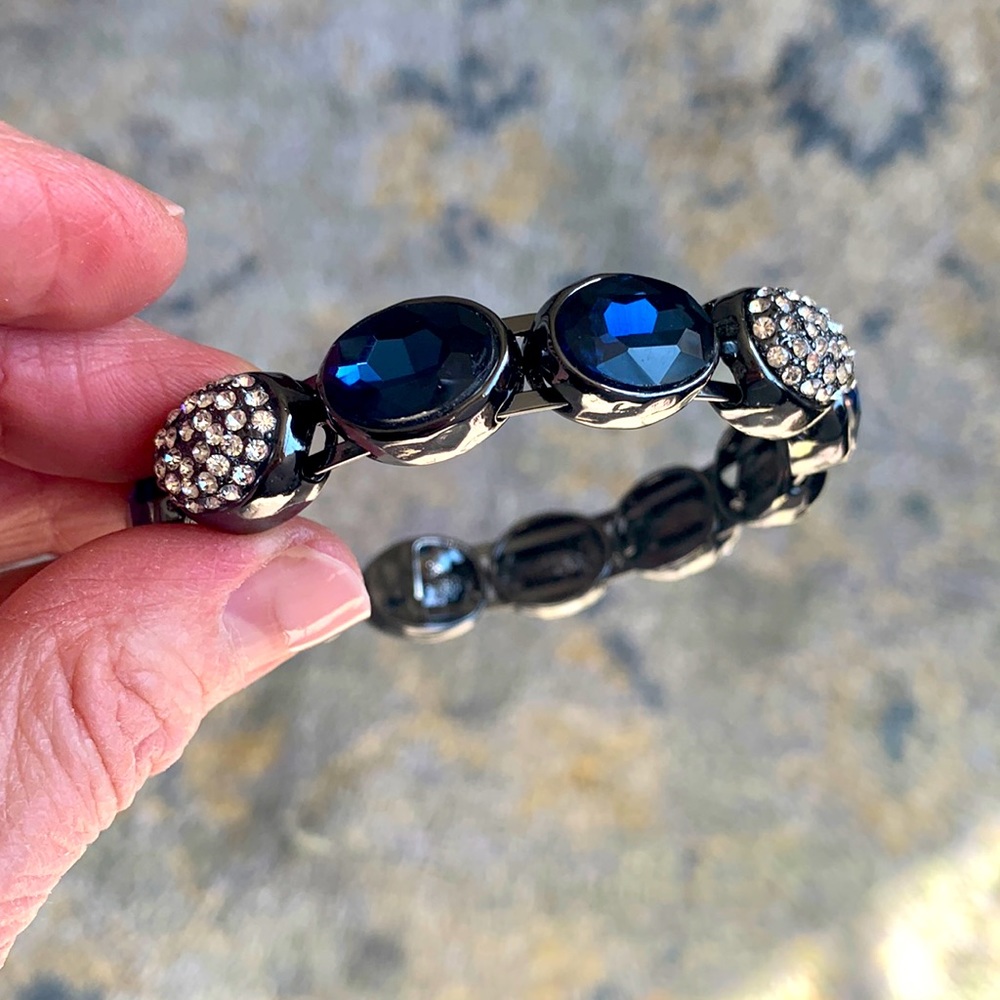 Pewter metal blue glass, and rhinestone bracelet